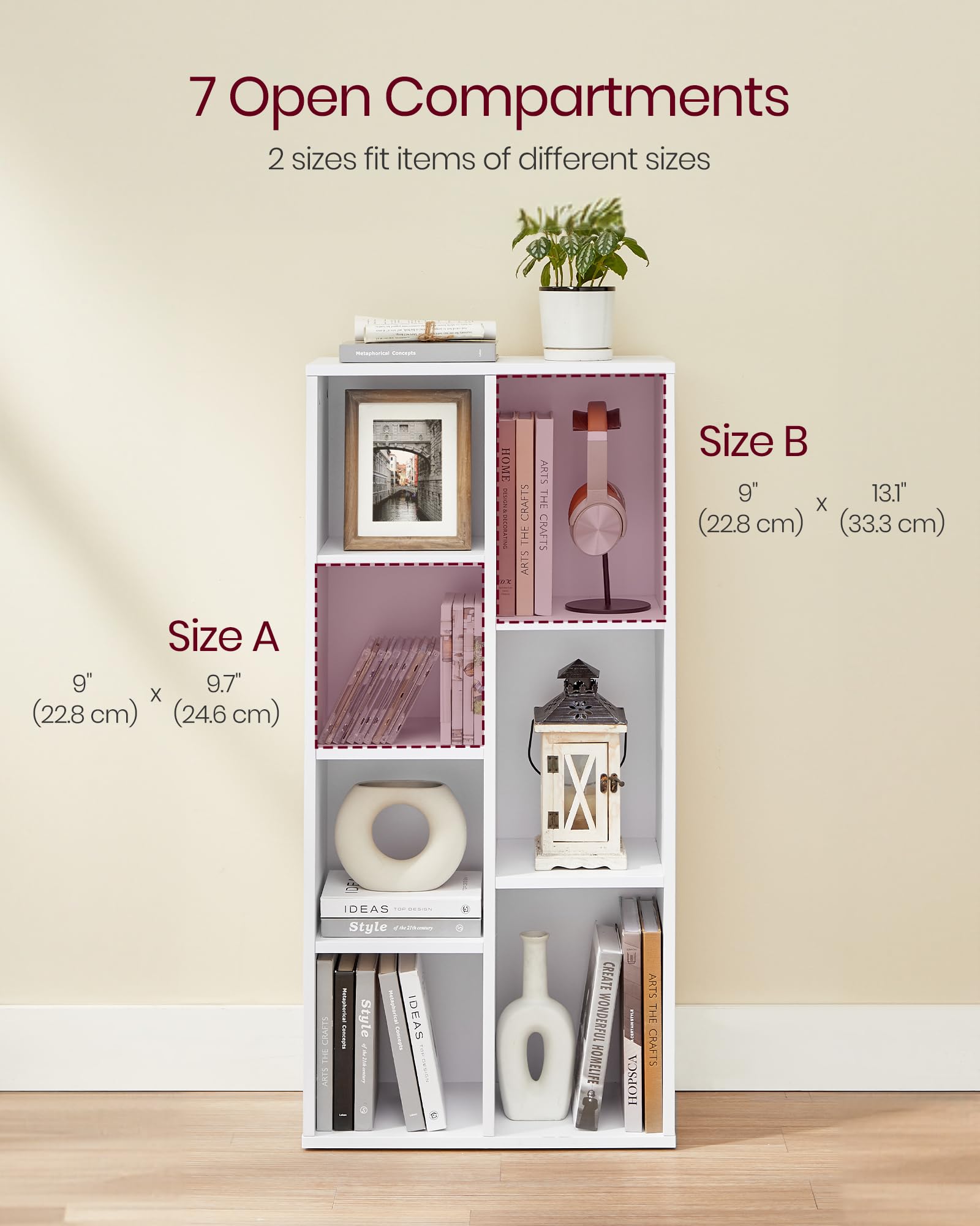 VASAGLE 7-Compartment Freestanding Bookcase - Space-Saving White Bookshelf for Living Room, Bedroom, and Home Office - WoodArtSupply