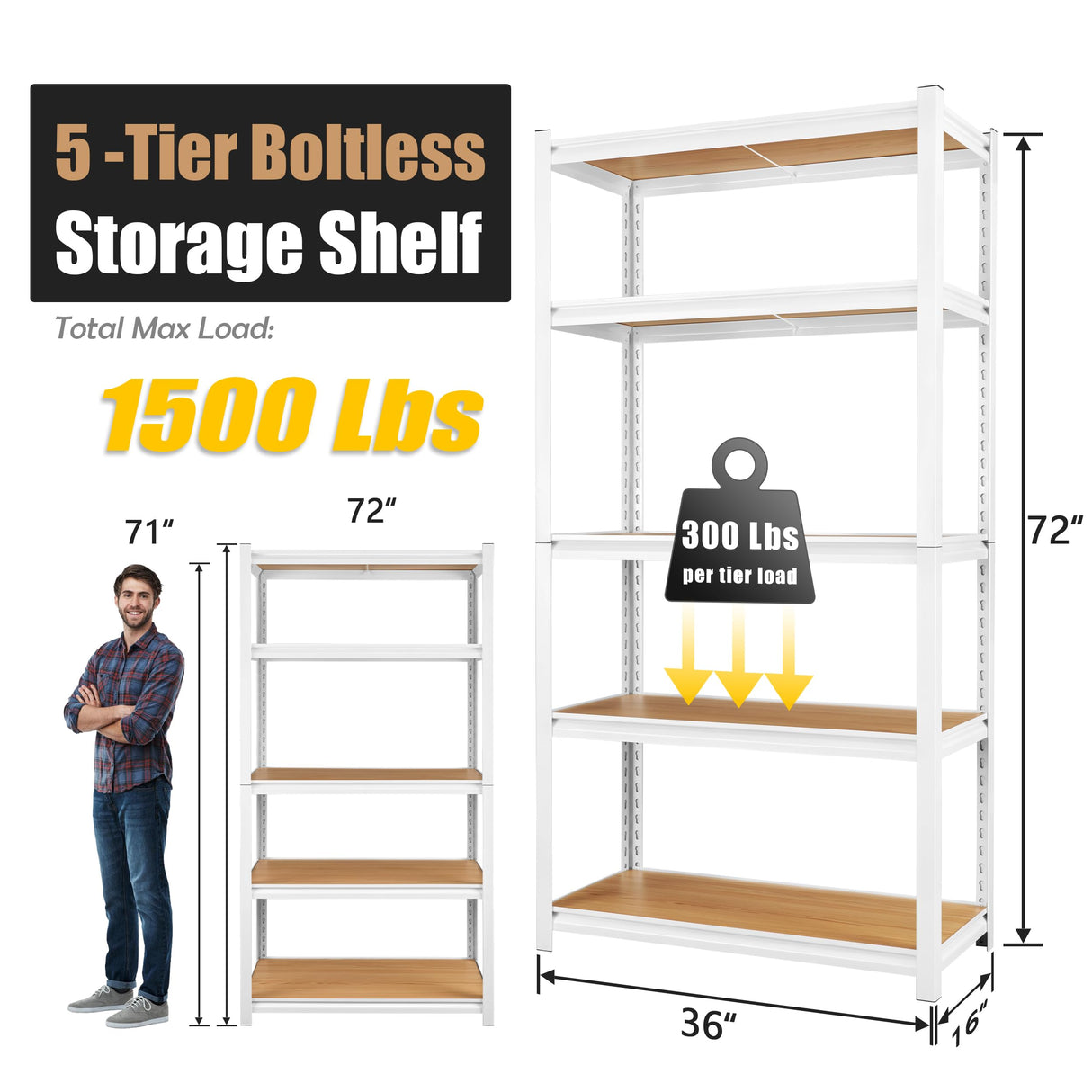 PrimeZone 5-Tier Heavy Duty Metal Storage Shelves - 36" W x 16" D x 72" H, Adjustable Utility Rack in White for Home & Garage Organization PrimeZone