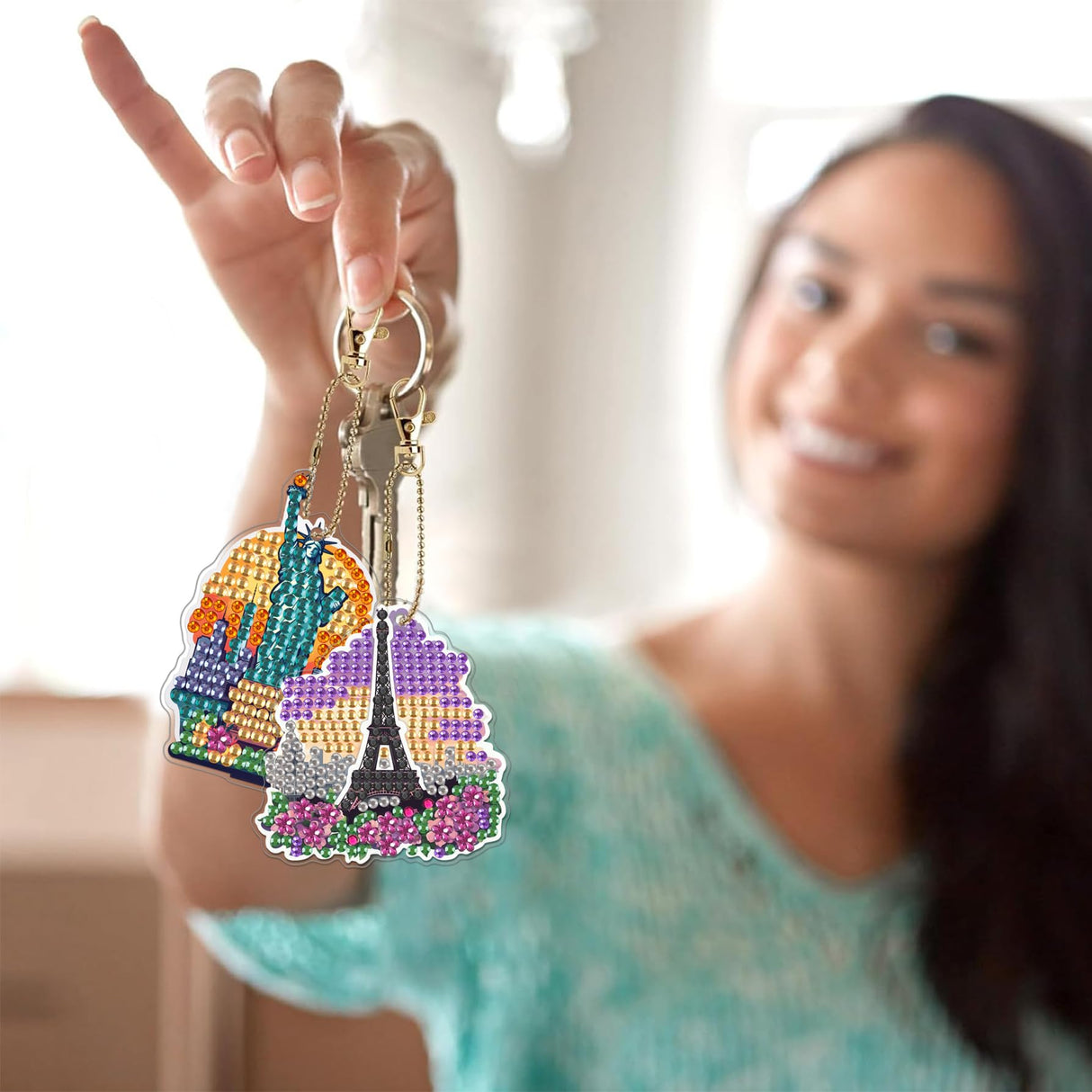 Ginfonr DIY Diamond Art Keychains Kit – 9PCS Diamond Painting Keychains for Bag with Famous Buildings, Cartoon Designs – Double-Sided Landscape Key Rings for Car, Party, Gift Decor, Garden Ginfonr