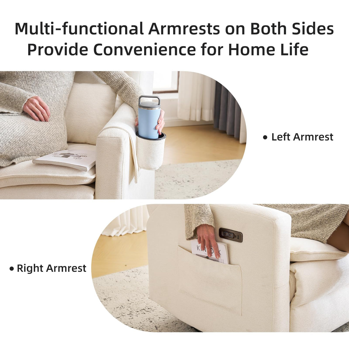 Rhevoy Oversized Swivel Rocker Recliner Chair, 26" Extra Wide Glider Nursery Chair with Adjustable Headrest, Chenille Power Recliner Rocking with Double Cushion, Cup Holder, White Rhevoy