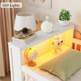 KEIKI Twin Low Loft Bed Frames for Kids with LED, Storage Drawers and Shelves, Solid Pine Wood Platform with Guardrails & Staircase, White KEIKI