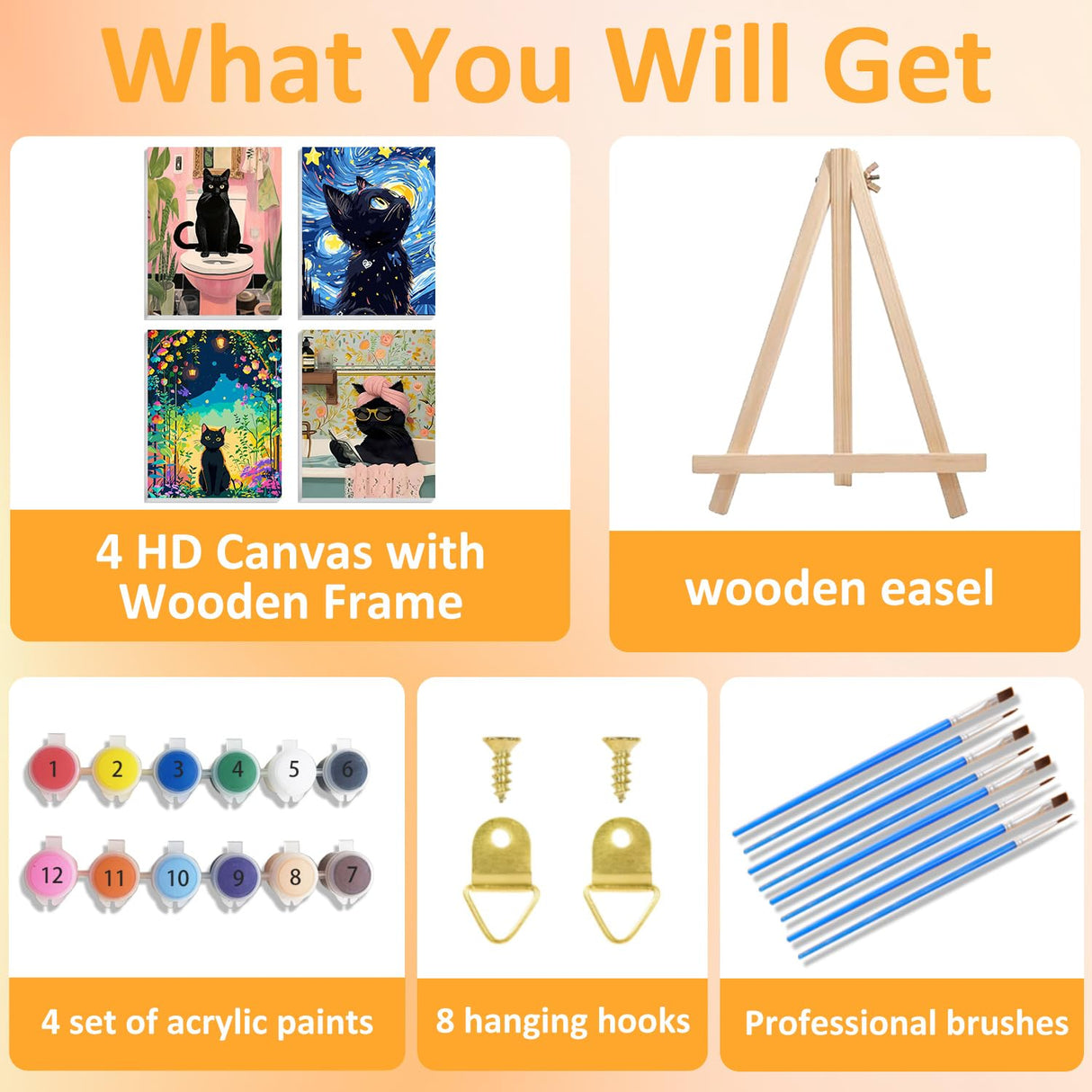 4 Pack Paint by Numbers Kit for Adults with Wooden Frames, Cat Paint by Number for Adults Beginners, Black Cat Paint by Numbers on Canvas Acrylic for Home Wall Art Decor 7.8x11.8Inch Mandun