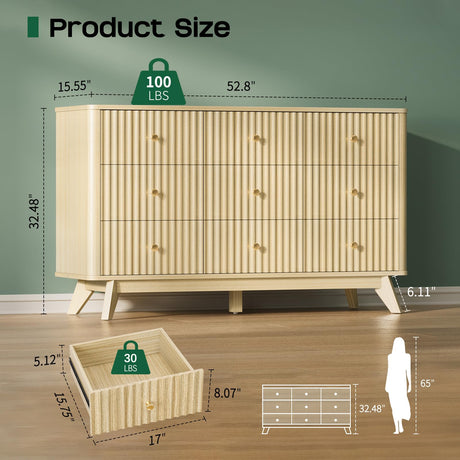 Curlaky Fluted 9 Drawer Dresser for Bedroom - 52.8" Modern Chests of Drawer for Storage, Curved Corner Design, Large Dressers for Closet, Wood Dresser Organizer for Bedroom, Living Room, Hallway Curlaky