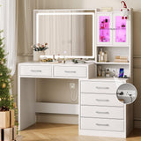 Rolanstar Vanity Desk with Lighted Mirror & Power Outlet, Makeup Vanity with RGB Storage Cabinet, 6 Fabric Drawers & 3 Shelves, 3 Color Modes Dressing Table for Bedroom, Girls, Women, White Rolanstar