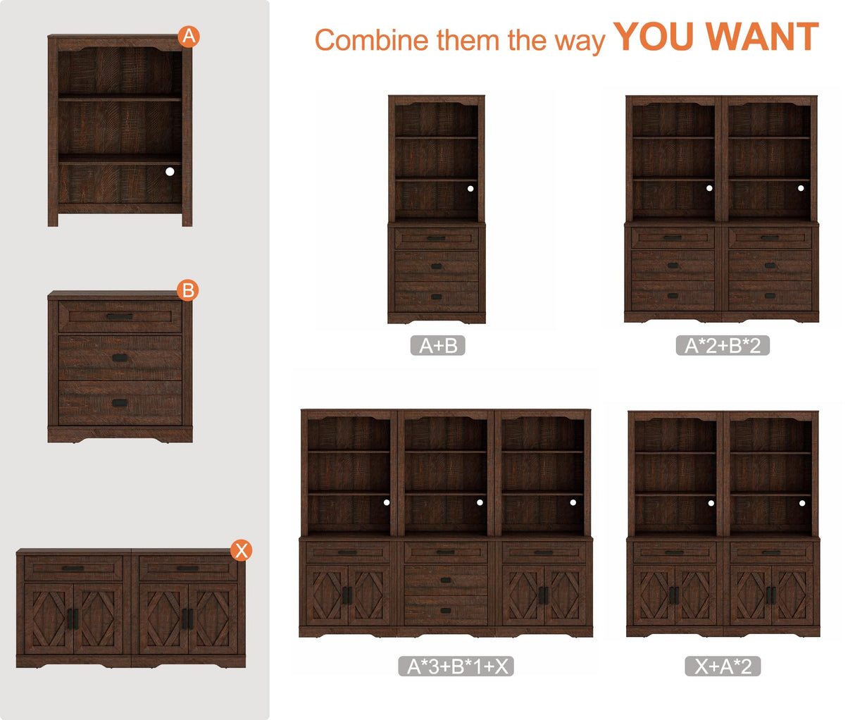 WAMPAT 5-Tier Bookcase with Barn Door Cabinets,73.3" Tall Standing Rustic Bookshelves,63" Wide Modern Farmhouse Display Storage Cabinet with Adjustable Shelves for Home,Office,Rustic Brown WAMPAT