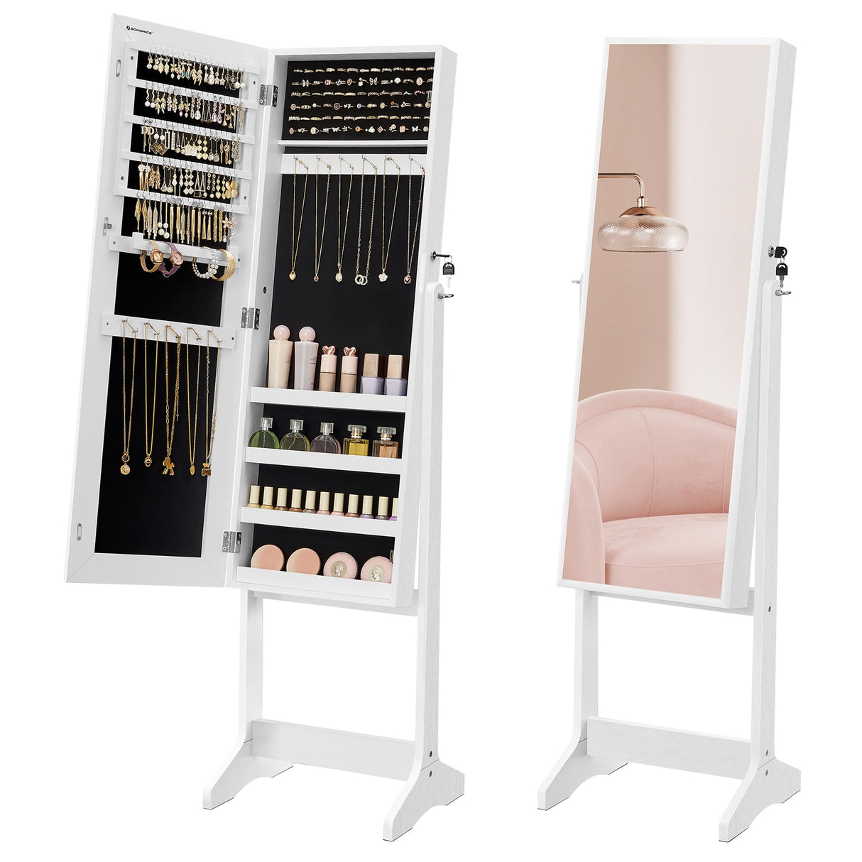 SONGMICS Mirror Jewelry Cabinet Armoire, Standing Full-Length Mirror, Lockable Jewelry Organizer, Gift Idea, White Surface and Black Lining UJJC69WT SONGMICS