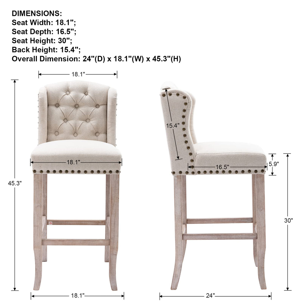 DUOMAY Classic Tufted 30 Inch Bar Stools Set of 2, Linen Upholstered Counter Chairs with Back, Armless Barstools Breakfast Stools W/Solid Wood Legs for Kitchen Island Lounge Pub Bar, Beige DUOMAY