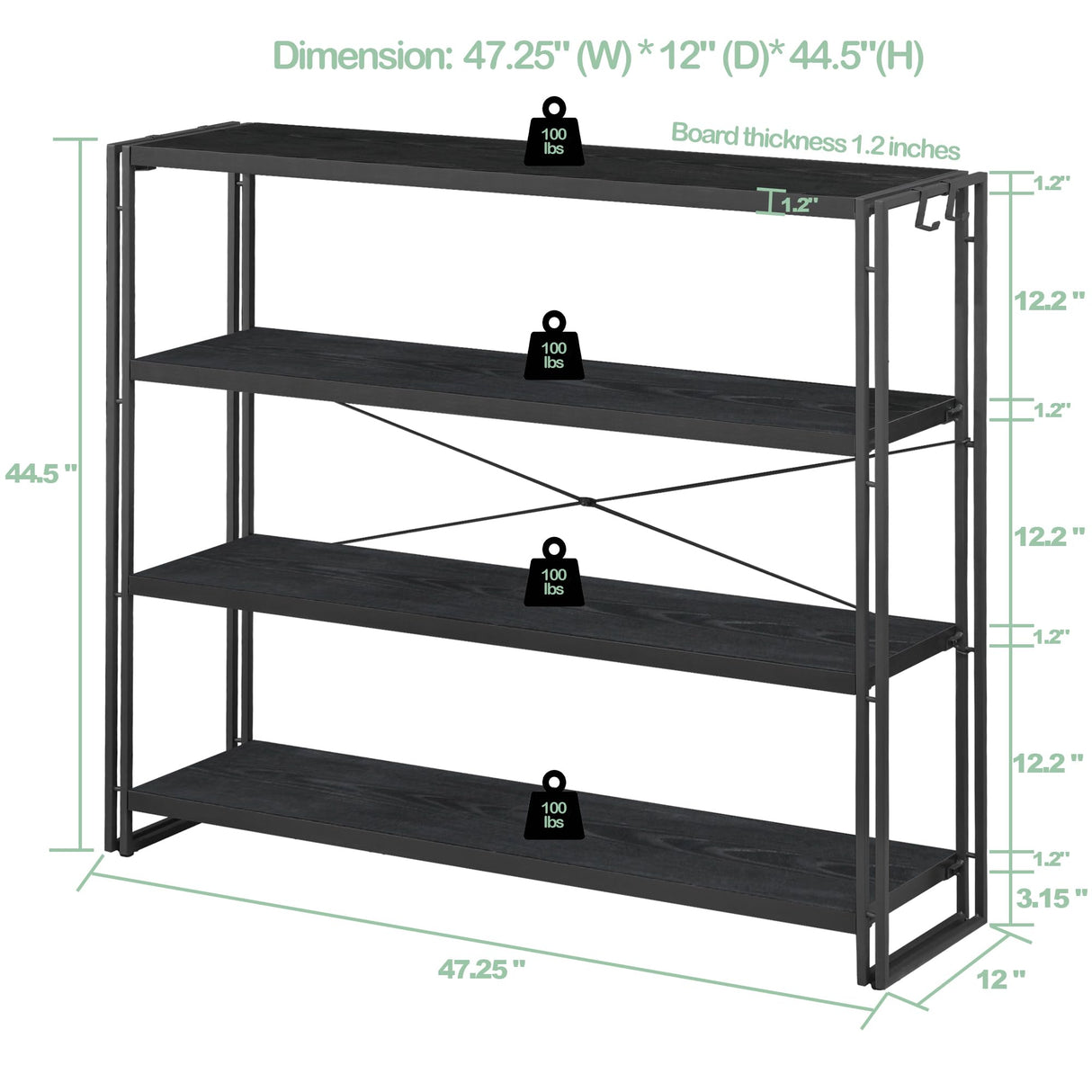 HCHQHS Bookshelf, 4-Tier Industrial Bookcase, Black Open Book Shelf, Freestanding Tall Bookshelves with Metal Frame HCHQHS