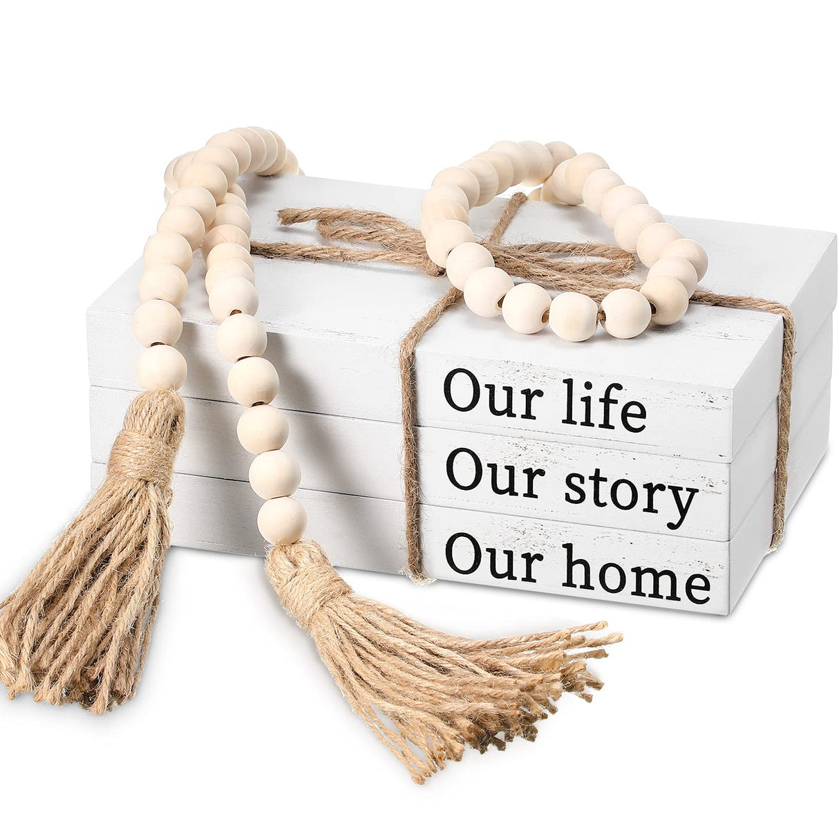 Jetec Decorative Display Books Hardcover, Faux Farmhouse Stacked for Coffee Tables Shelves with Wood Bead Tassels 58 Inch, 3 Pieces, White(Our Life, Our Story, Our Home) Jetec