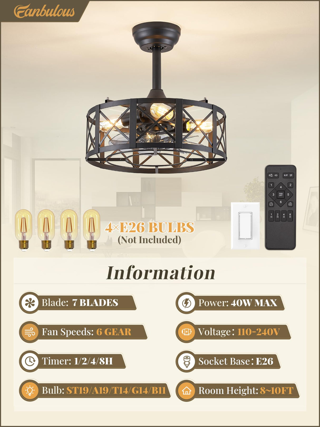 Fanbulous 16in Caged Ceiling Fans with Lights and Remote, Black Fandelier Ceiling Fan with 6 Speeds and Timing, Farmhouse Samll Fan Lights Ceiling Fixtures for Kitchen, Bedroom, Outdoor-Black X Fanbulous