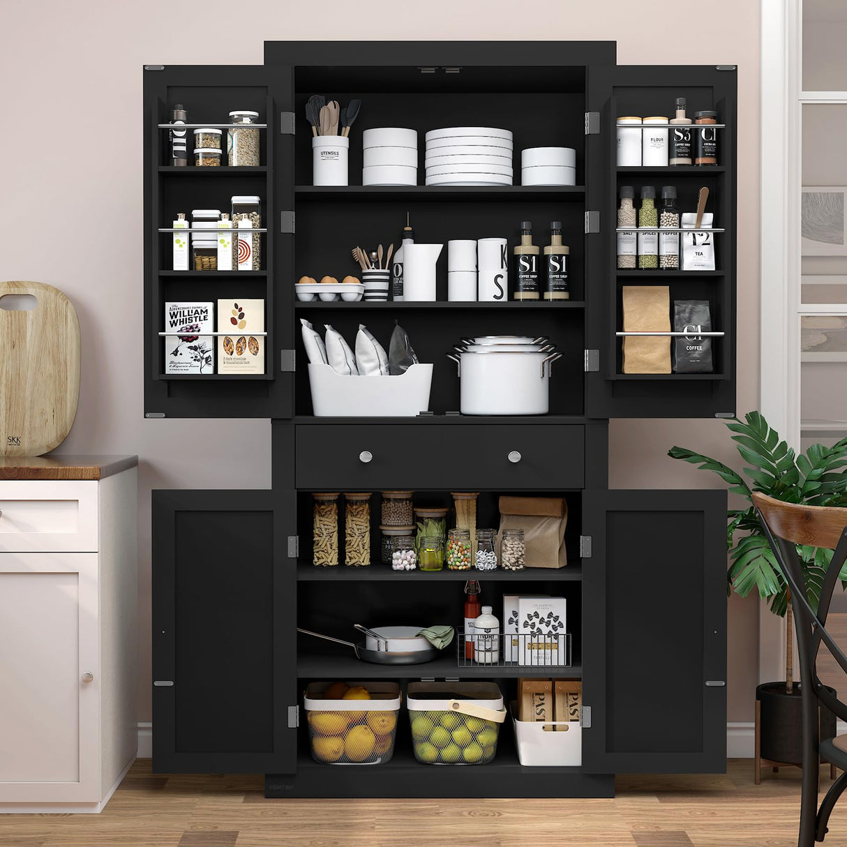 TEENFON 72” Kitchen Pantry Cabinet, with 6 Hanging Shelves & 1 Large Drawer, Adjustable Shelf, for Dinging Room, Living Room, Black TEENFON