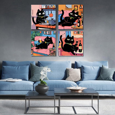 4Pack Funny Black Cat Kitchen Paint by Numbers Kit for Kids, Vintage Animals Easy Framed Adults Paint by Numbers Kits, DIY Cute Cat Acrylic Oil Painting Number Kits for Home Wall Decor (8 x 8 Inch) Fotasmua