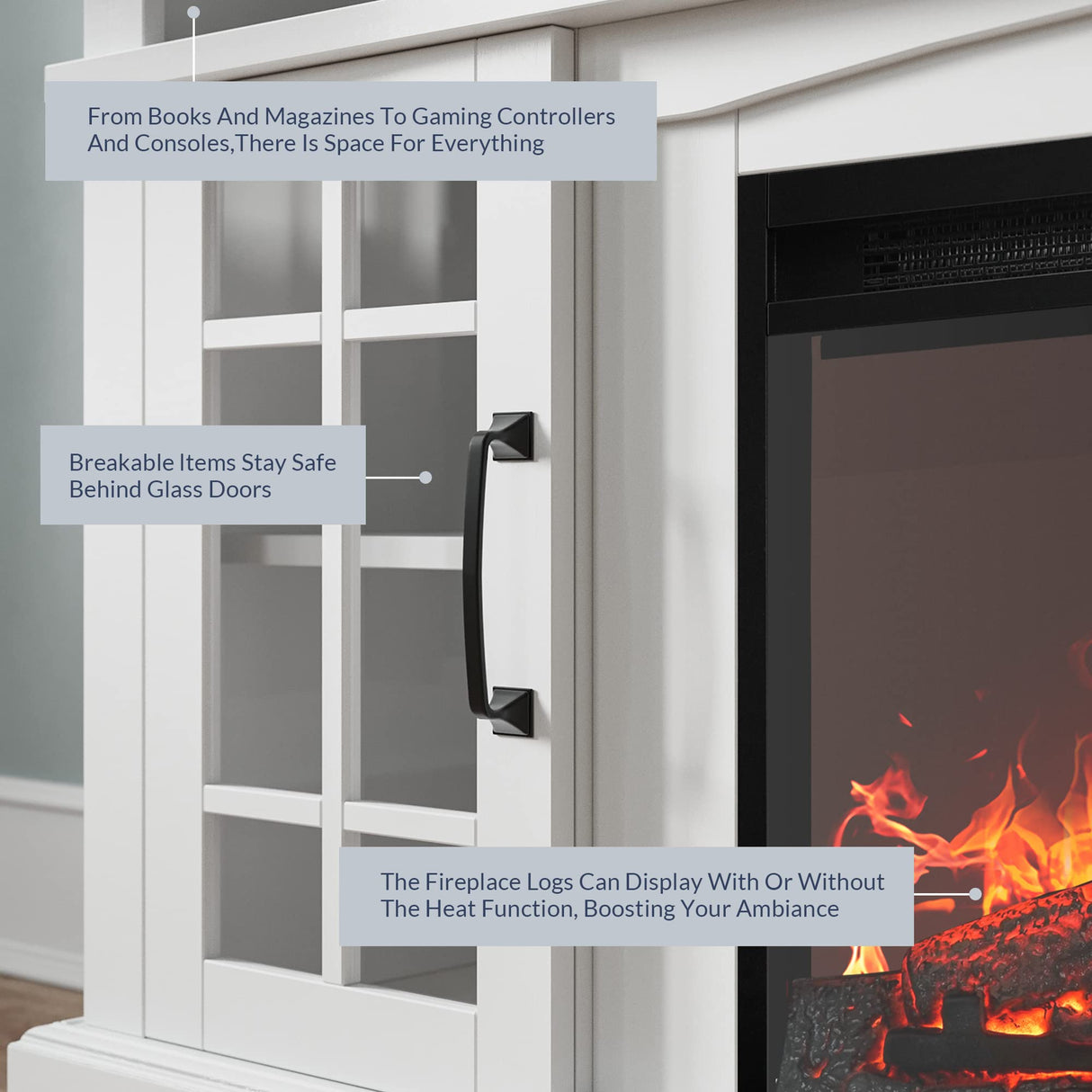 BELLEZE Traditional 58" Rustic TV Stand with 23" Electric Fireplace Heater with Sound, Media Entertainment Center Console Table for TV up to 65" with Open Storage Shelves and Cabinets - White BELLEZE