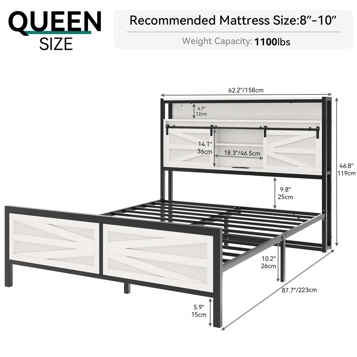 DWVO Farmhouse Queen Bed Frame with LED Lights and Charging Station, Platform Bed Frame with Storage Bookcase Headboard, Sliding Barn Door, Solid Metal Slats, No Box Spring Needed (White) DWVO