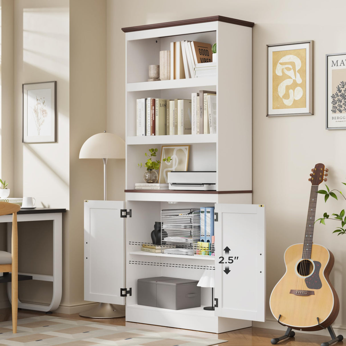 MHOM 71" Tall Bookshelf with Doors, 5 Tiers Farmhouse Bookcase with Adjustable Shelves, Wooden Rustic Display Cabinet for Home Office, Living Room, White MHOM