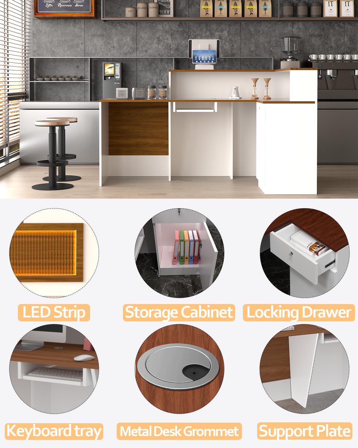 L-shaped Reception Desk, Solid Wood Reception Desk with Counter, Check out Stand with Lockable Drawer & Cabinet, Retail Checkout Counter for Office, Store, Beauty Salon (L-Shaped-Dark Walnut-R, 63in) Gguileb