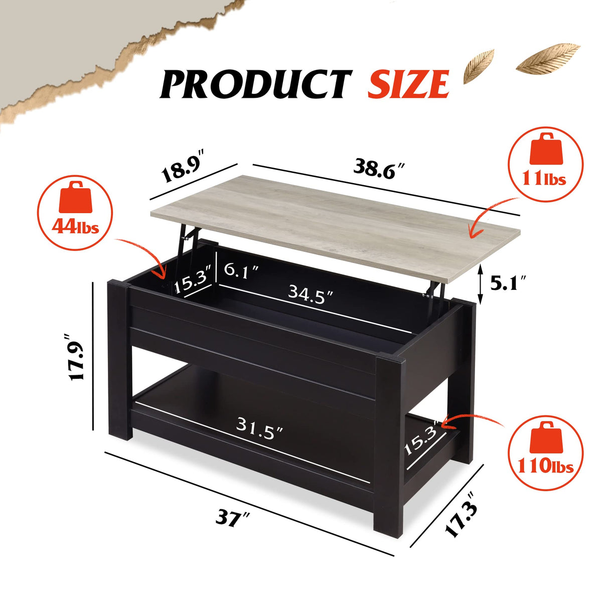 WLIVE Modern Rustic Coffee Table with Storage Shelf and Hidden Compartment,Wood Lift Tabletop for Home Living Room,Black,Greige. WLIVE