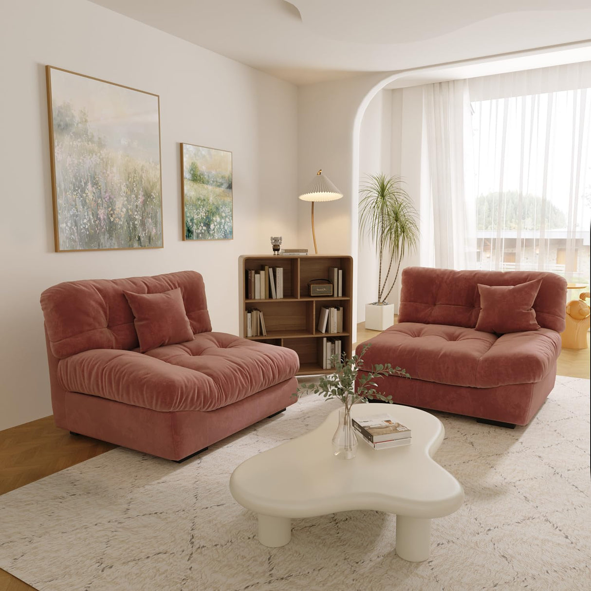 Cloud Modular Sectional Sofa,105" Scrub Velvet Minimalist Sofa Couch for Living Room, Modern LoveSofa with 2 Pillows 3 Seater for Apartment Office Studio, Deep Seat Couches,Pink WJShome