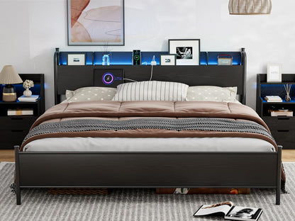 AOVSA Black California King Bed Frame with LED Storage Headboard and Charging Station - WoodArtSupply