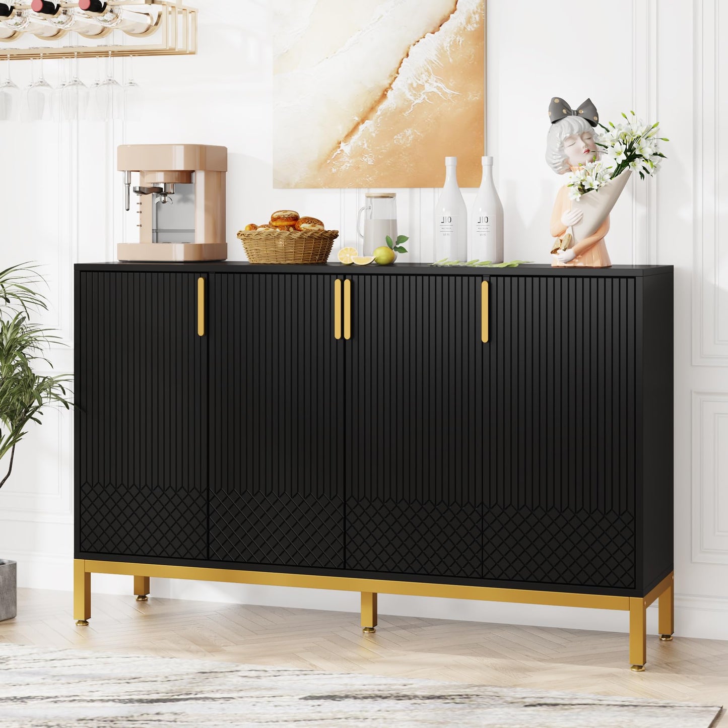 Tribesigns Luxury Buffet Cabinet with Storage, 59 Inch Kitchen Sideboard with 4 Doors, Coffee Bar Cabinet for Dining Room, Living Room, Black and Gold