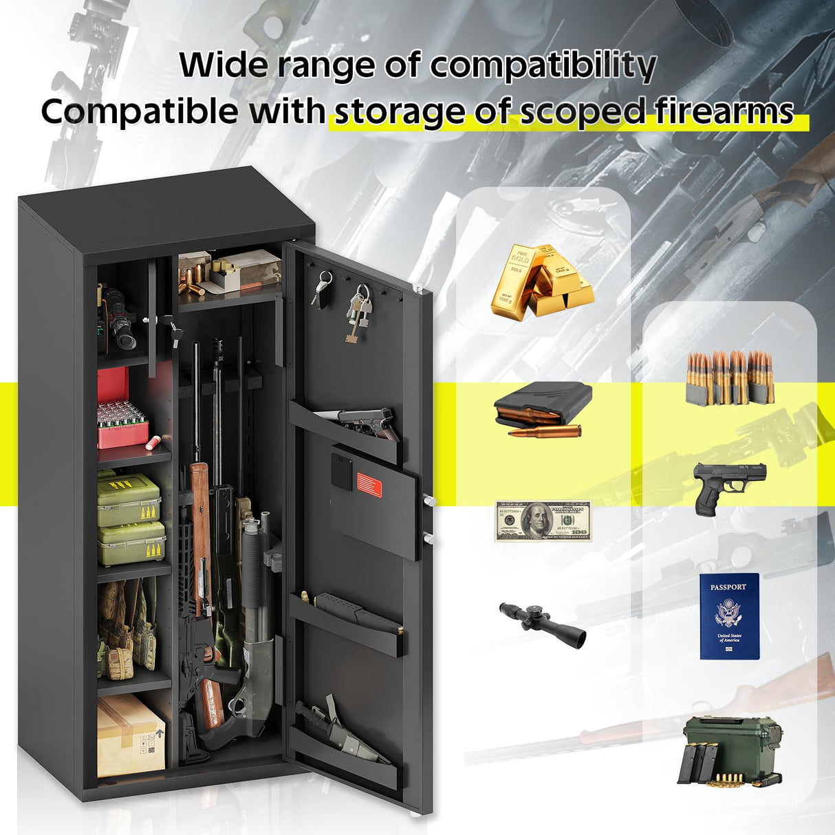 KAER Gun Safe, Large 8-12 Gun Cabinet for Home Defense with Electronic Keypad | Secure Rifle & Shotgun Safe with Adjustable Shelf, Rifle Rack for Pistols and Ammunition Storage KAER