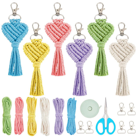 FREEBLOSS Creative Heart Macrame Keychain Kit - 6 Set DIY Tassel Keychain for Bag - Beginner-Friendly Kit With 6 Colors Pure Cotton Cord FREEBLOSS