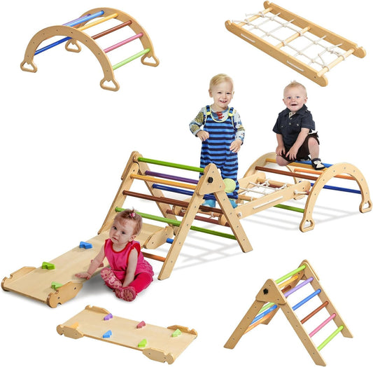 MOOITZ 6 in 1 Pikler Triangle Set, Wooden Montessori Climbing Set for Toddlers 1-3, Foldable Toddler Climbing Toys Indoor with, Play Gym for Toddlers and Kids, Medium, Colorful