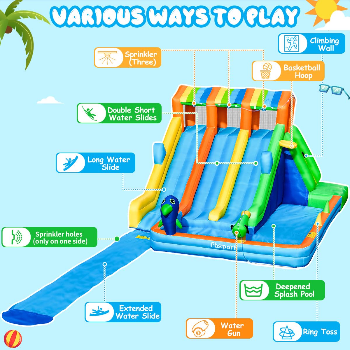 FBSPORT Inflatable Water Bounce House, Large Bounce Castle with 3 Slide for Kids, Inflatable Water Slide with Splash Pool, Climbing, Toss Rings, Basketball Hoop, Bouncy House for Outdoor Indoor FBSPORT