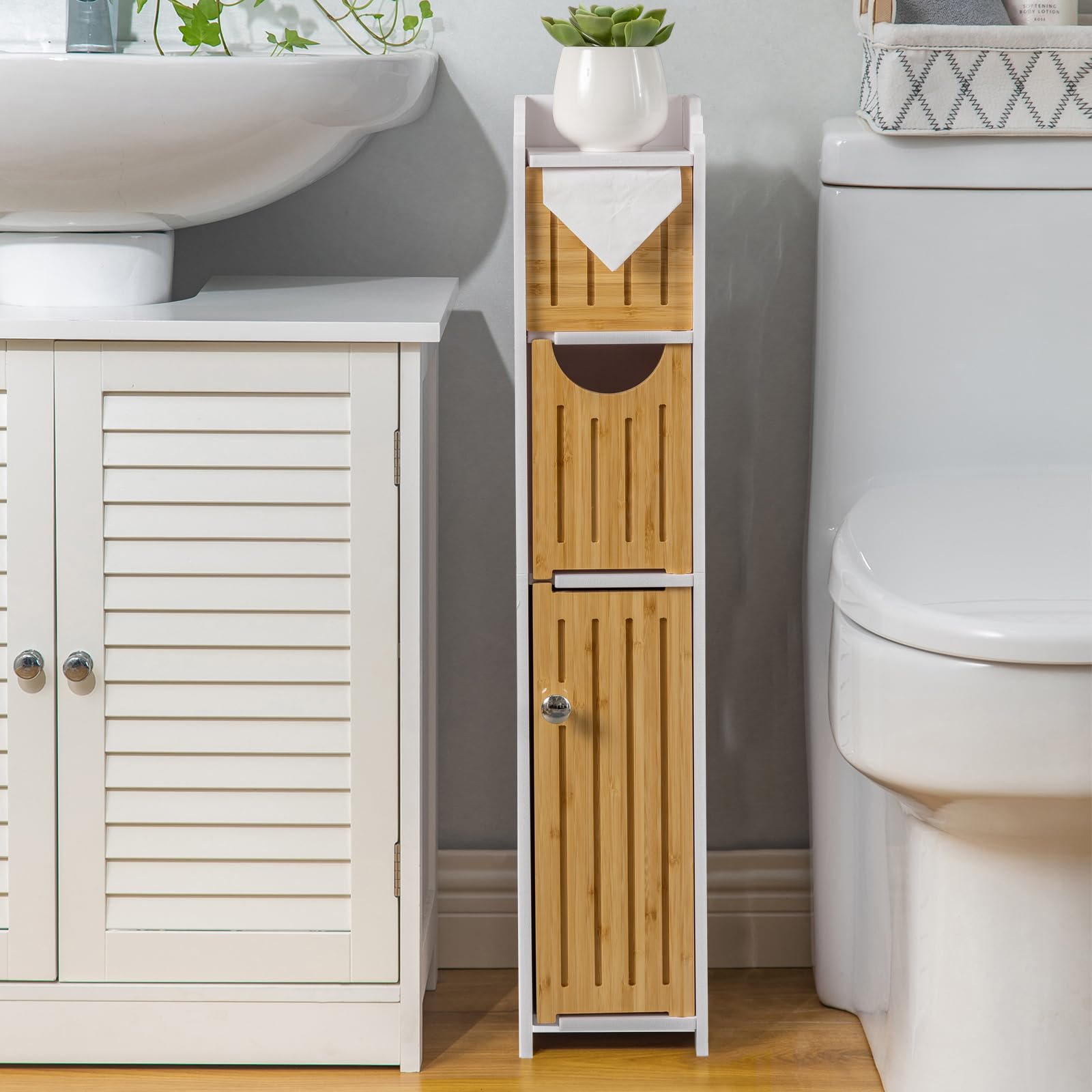 AOJEZOR Bathroom Storage Cabinet: Sideboard Buffet Cabinet,White/Bamboo - WoodArtSupply