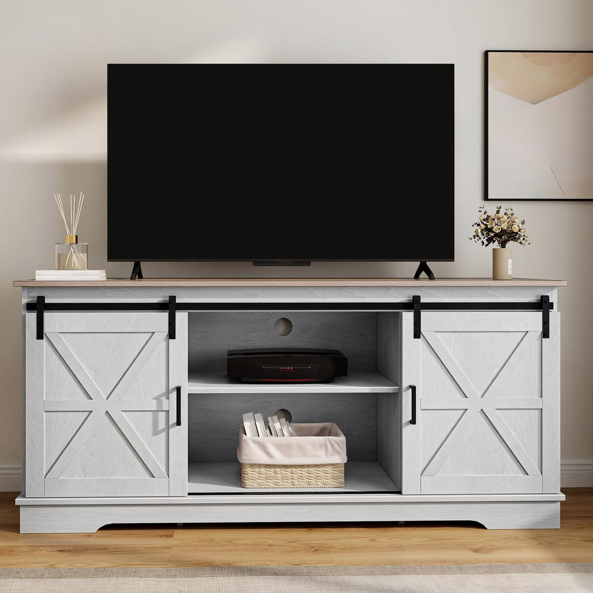 DWVO TV Stand for TVs up to 65 Inch, Farmhouse Entertainment Center with Storage Cabinets and Sliding Barn Doors, Rustic Media TV Console Table for Living Room, Grey White/Grey Wash DWVO