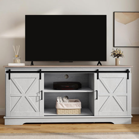 DWVO TV Stand for TVs up to 65 Inch, Farmhouse Entertainment Center with Storage Cabinets and Sliding Barn Doors, Rustic Media TV Console Table for Living Room, Grey White/Grey Wash DWVO