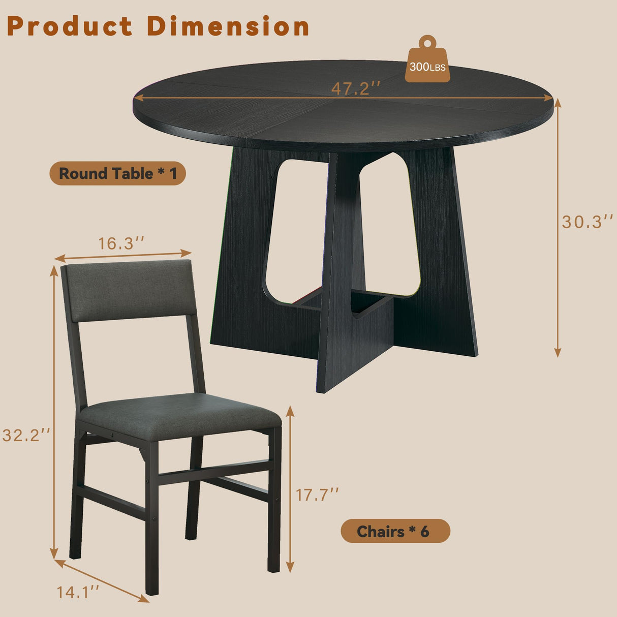 HUAHUU Round Dining Table Set for 6, 7-Piece Kitchen Table and Chairs for 6, 47'' Round Dining Room Table Set with 6 Chairs, Space Saving Dining Table with Wood Base for Kitchen, Living Room, Black HUAHUU