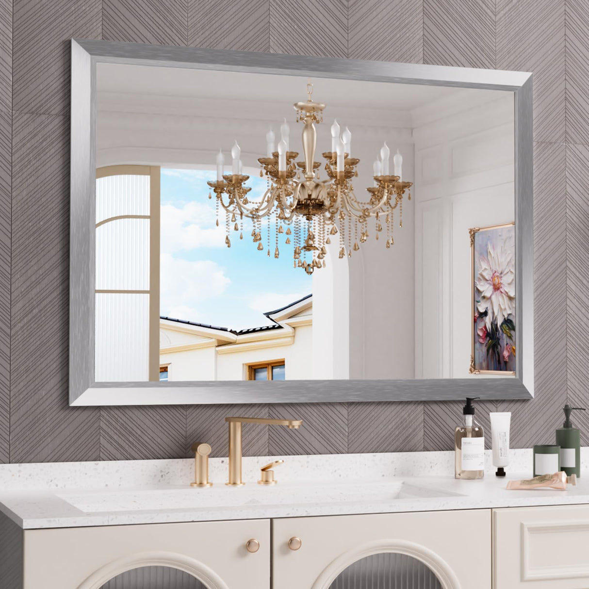 Amorho 50x36 Inch Bathroom Mirror Silver, Thick Metal Framed Wall Mirrors for Over Sink, Brushed Nickel Mirror Perfect for Bedroom, Living Room, Entryway, Rectangle (Horizontal/Vertical). Amorho