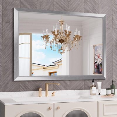 Amorho 50x36 Inch Bathroom Mirror Silver, Thick Metal Framed Wall Mirrors for Over Sink, Brushed Nickel Mirror Perfect for Bedroom, Living Room, Entryway, Rectangle (Horizontal/Vertical).