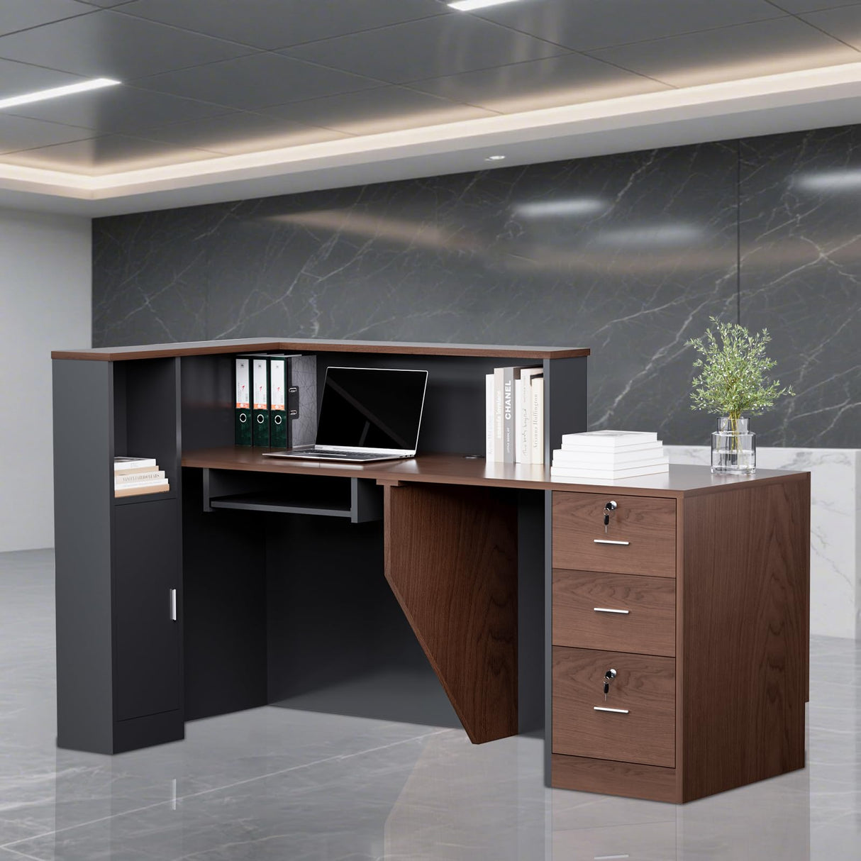 kaiwrxin L-Shaped Modern Reception Desk with Counter & Storage - 71" Large Office Front Desk, Salon Checkout Counter with Lockable Cabinets, Shelves(Brown & Black, Right - 71''L x 34''W x 41''H) kaiwrxin