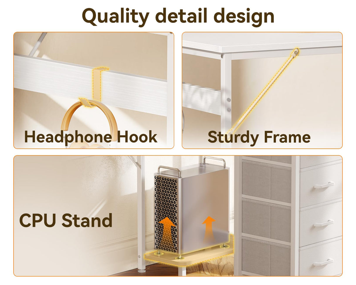 Casaottima L Shaped Desk with 4 Drawers, 47" White Computer Desk with Storage, Reversible Kids Study Table with CPU Stand & Hook, Corner Work Table for Home Office Casaottima