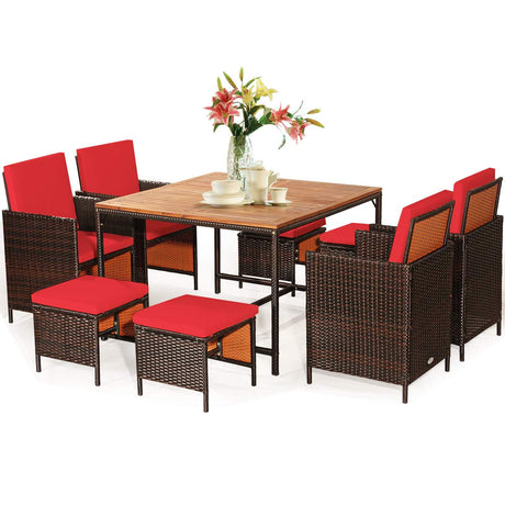 COSTWAY 9PCS Patio Rattan Dining Set Cushioned Chairs Ottoman Wood Table Top Red COSTWAY