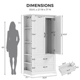 IRONCK Armoire Wardrobe Closet, 70.87" H Wooden Bedroom Armoire with 2 Louvered Doors, 2 Drawers and Shelves, Large Freestanding Clothing Storage Cabinet, White IRONCK