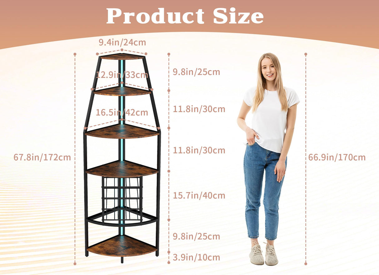 Suuiwau 6-Tier Corner Wine Rack with LED Lights, Floor Standing Wine Storage with Glass Holder, Industrial Metal and Wooden Shelf for Kitchen, Living Room, Dining Room, Home Bar Furniture Suuiwau
