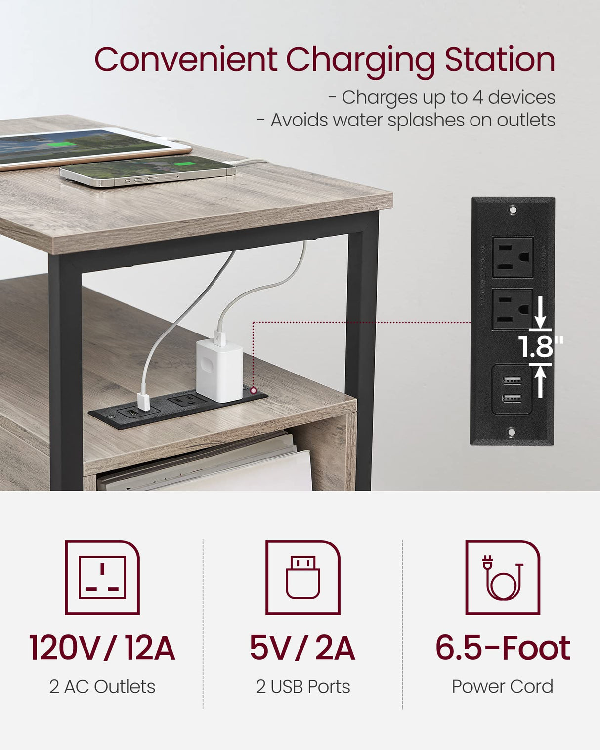 VASAGLE Side Table with Charging Station, Narrow End Table with 2 Drawers, Slim Nightstand and Bedside Table with Storage, for Small Spaces, Greige + Black VASAGLE
