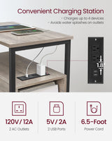 VASAGLE Side Table with Charging Station, Narrow End Table with 2 Drawers, Slim Nightstand and Bedside Table with Storage, for Small Spaces, Greige + Black VASAGLE
