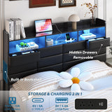 Etditrnp King Bed Frame with Storage Headboard, Upholstered Black Bed Frame with 4 Drawers, LED Lights, and Charging Station, Heavy-Duty Metal Slats Support, Noise-Free Etditrnp