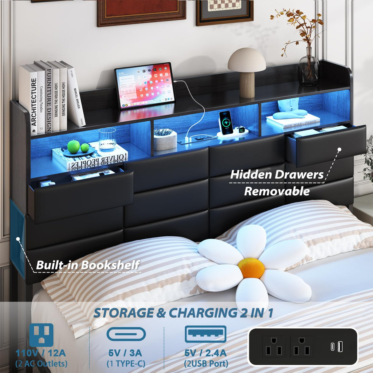 Etditrnp Queen Bed Frame with Storage Headboard, Upholstered Black Bed Frame with 4 Drawers, LED Lights, and Charging Station, Heavy-Duty Metal Slats Support, Noise-Free Etditrnp