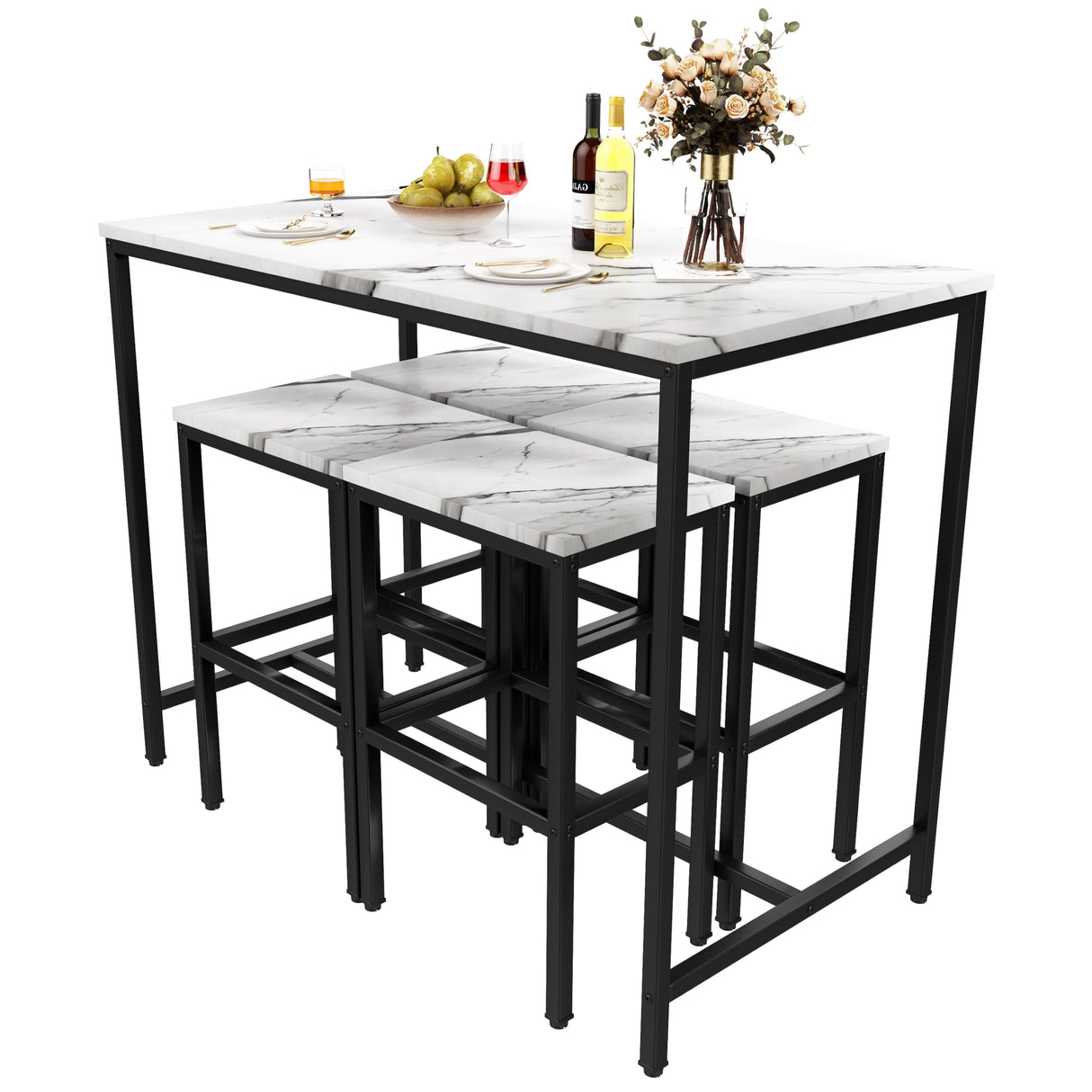 Yongchuang Modern 5 Piece Bar Table Set with White Faux Marble Top and 4 Backless Stools Yongchuang