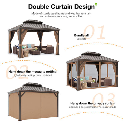 Patiorama 10’ x 12’ Hardtop Gazebo, Outdoor Aluminum Gazebo with Galvanized Steel Double Vented Roof Canopy, W/Shaded Curtains and Netting, Pergola for Patio, Garden, Yard, Lawn,Party, BBQ (B - WoodArtSupply