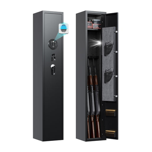 SUXXAN Fingerprint Gun Cabinet, 3 Rifle & 2 Pistol Quick Access Fingerprint Gun Safe, Rifle Safes with Built-in Small Cabinet & LED Light Used for Home Office Hotel Business (Black)