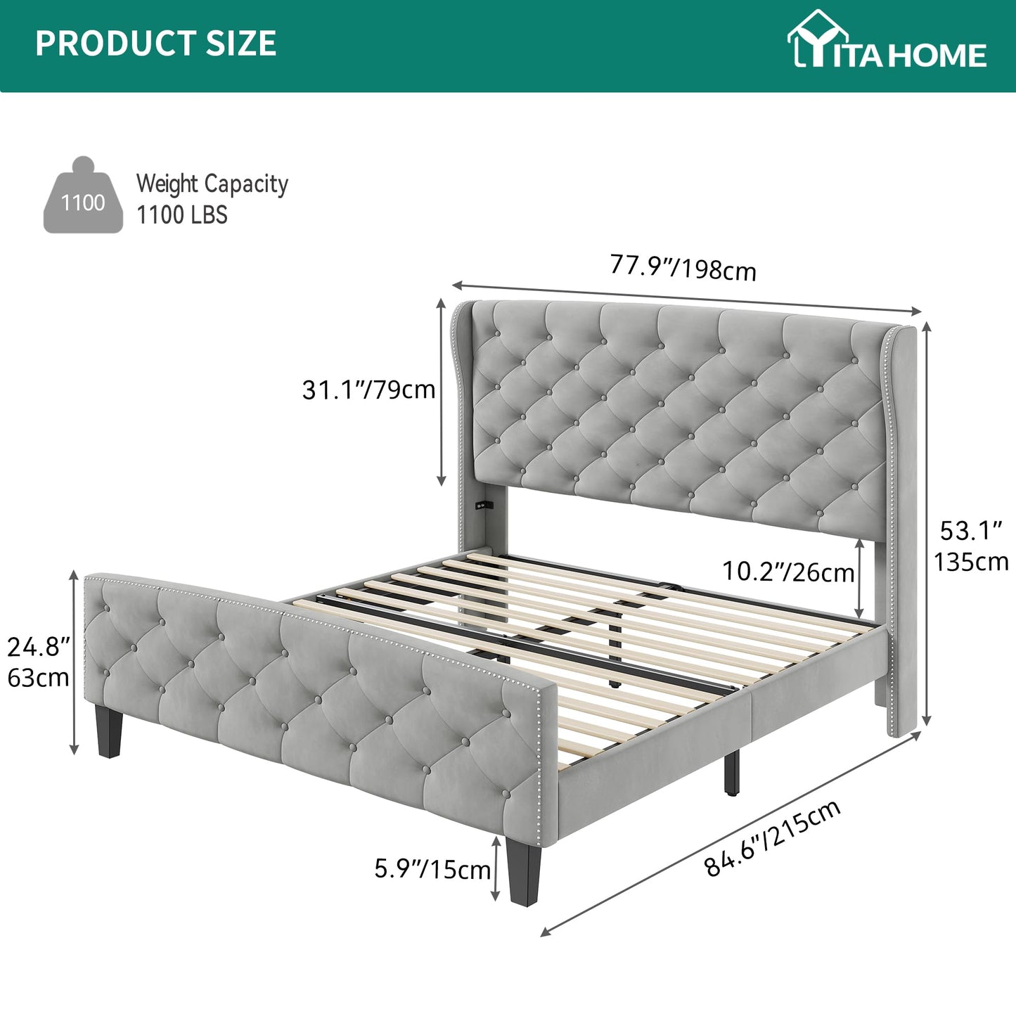 YITAHOME King Size Upholstered Bed Frame, Velvet Platform Bed with Deep Button Tufted Headboard & Nailhead Trim Wingback Footboard, No Box Spring Needed, Easy Assembly - Grey