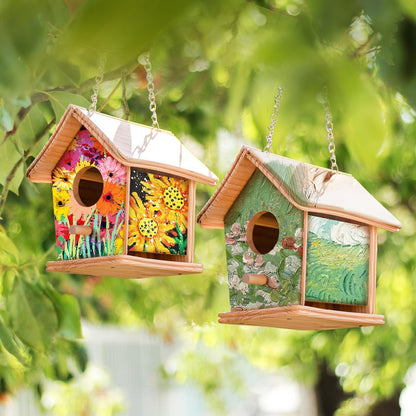 DIY Bird Houses for Kids, Cedar Bird House Kit for Kids and Adults, Art Craft Outdoor Birdhouse, Painting Kit, Hardware Glue Included- 4 Paints, 2 Brush, 14 Wooden Pcs, Chain for Tree Hanging