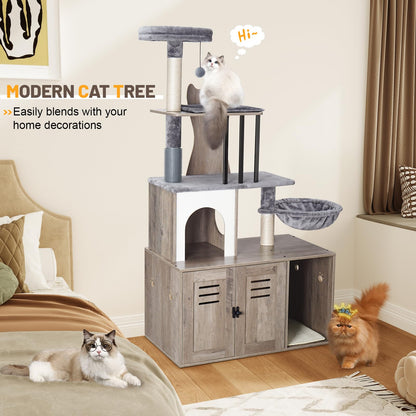 Snughome Cat Tree with Litter Box Enclosure Furniture, 2-in-1 Modern Cat Tower for Indoor Cats, 58.66’’ Wood Cat Condo with Scratching Post and Hammock, Indoor Cat Furniture with Large Platfo - WoodArtSupply