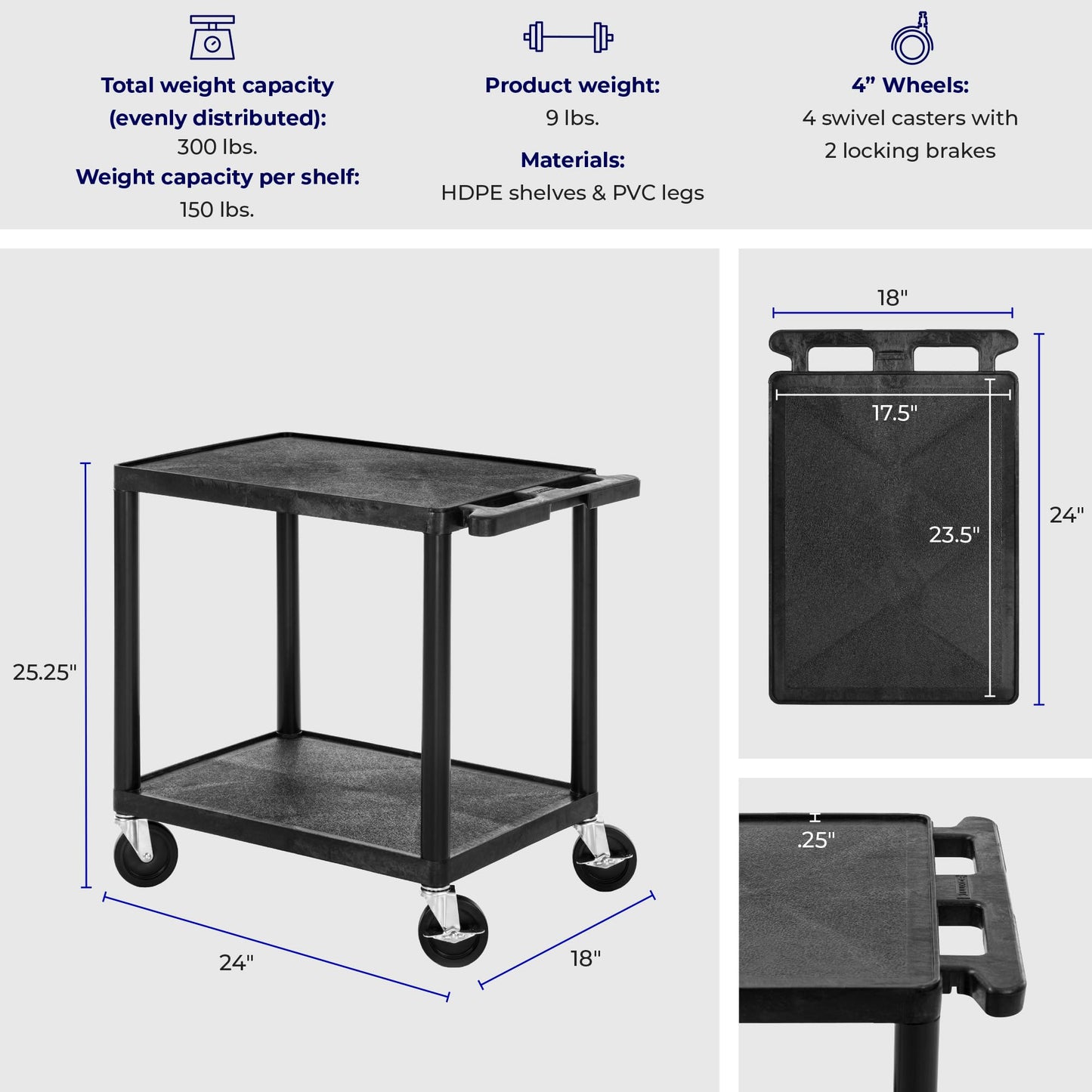 Line Leader Plastic AV Cart with Keyboard Tray and Locking Metal Cabinet, Heavy Duty Mobile Workstation with 4 Rolling Casters, 2 Locking Brakes, Heavy Duty, Holds up to 75 lbs (42 Inch w Cabinet)